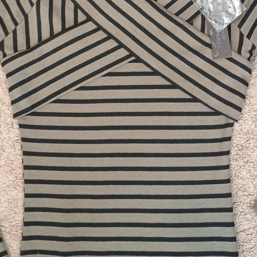 Poof! Apparel Dress Womens Small Olive Black Stripe Bodycon Surplice Crisscross - Picture 3 of 8